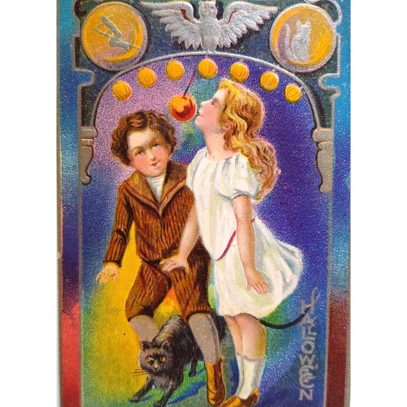 Halloween Postcard Nash 5 Fantasy Children Apple Owl Black Cat Witch Nash 1911 - Picture 1 of 3